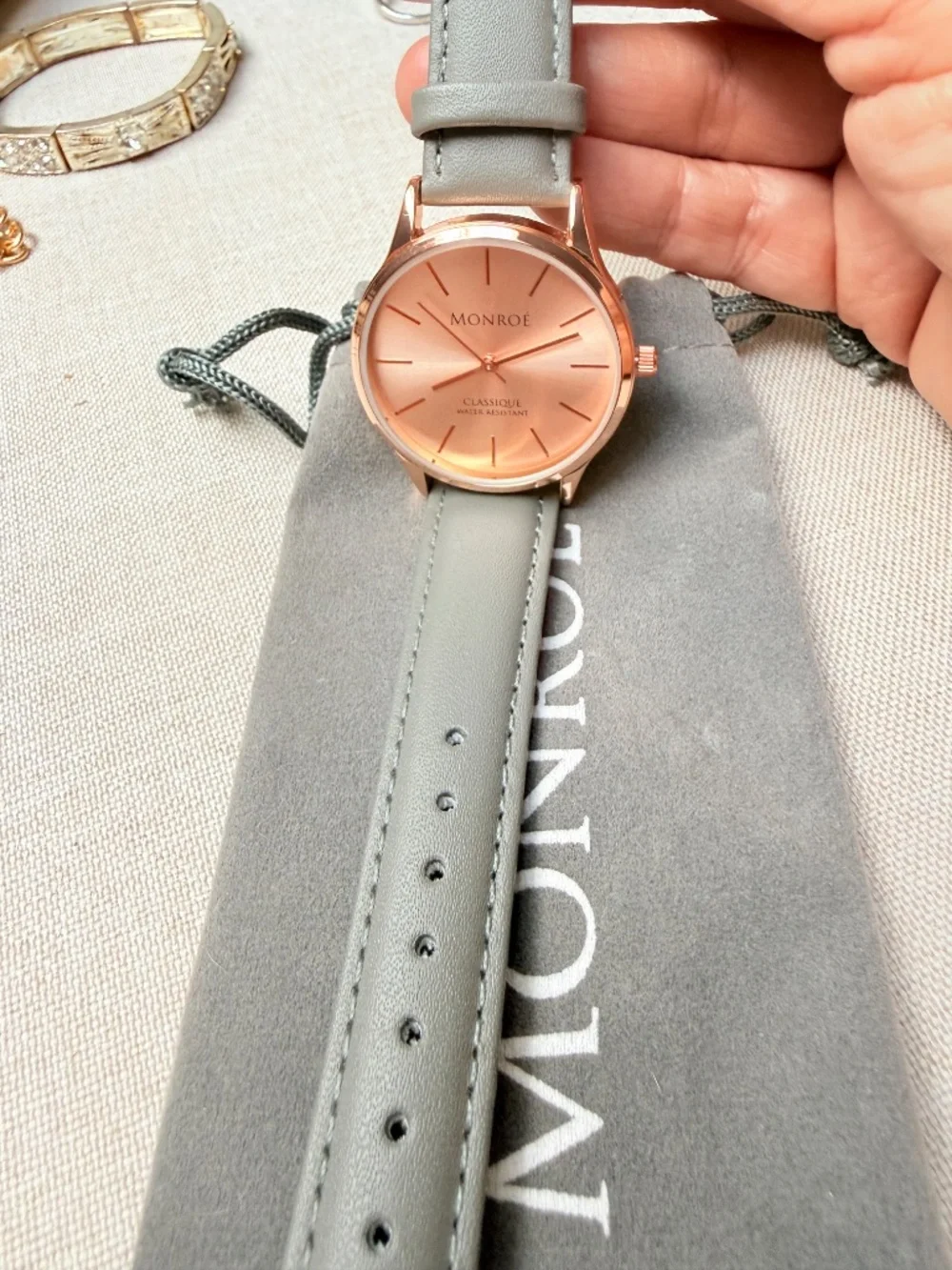Ladies Monroe by Maestro Rose Gold Tone Gray Genuine Leather Watch New